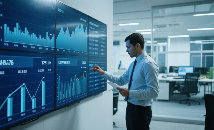 数据分析师在大型显示屏前，认真分析图表和数字走势，背景为现代办公室